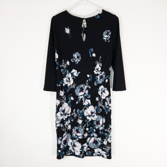 White House Black Market XS Black Floral Bodycon Dress 3/4 Sleeves - Picture 2 of 5